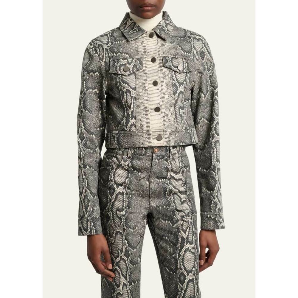 Gabriela Hearst Bronte Snakeskin Print Crop Denim Jacket in Greyscale S